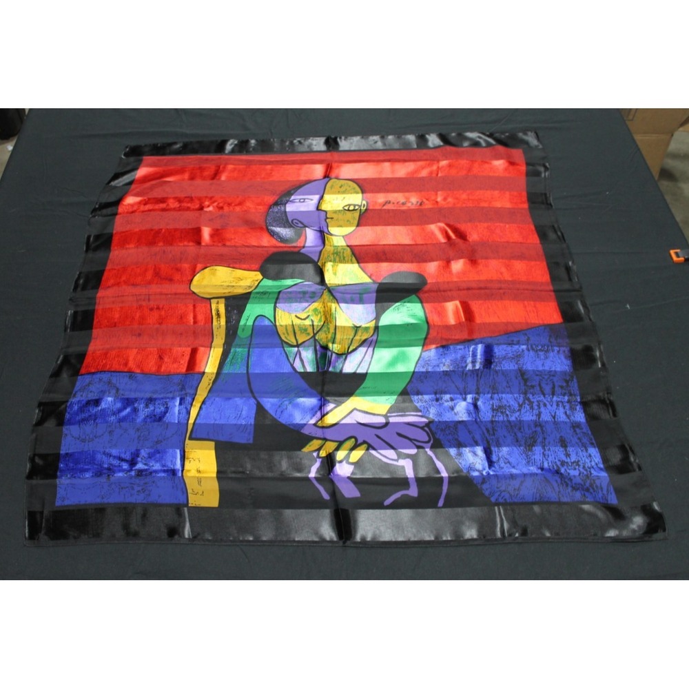 Picasso Style Abstract Figure Silk Scarf 39" Square Multicolor Art Print Wrap